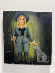 Original Oil Painting On Wood Of Little Boy In Blue With Dog Signed Robert Neff Longacre