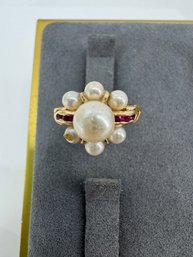 Vintage 14K Gold, Pearl, And Ruby Cluster Ring, 2.6 G