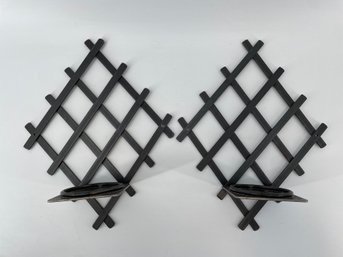 Pair Of Wrought Iron Lattice Wall Candle Holders