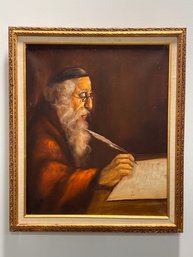 Antique Judaica Oil On Canvas Portrait Painting Depicting A Rabbi Signed Lower Left