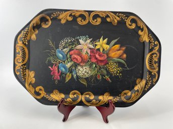Black Handpainted Metal Toleware Floral Botanical Serving Tray