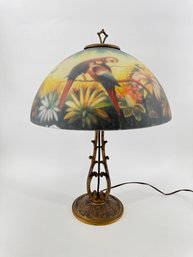 Aladdin Mfg. Co Lamp Base With Reverse-painted Scarlet Macaw Shade