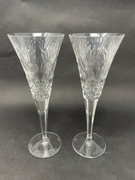 Pair Of Waterford Crystal Etched Champagne Flutes