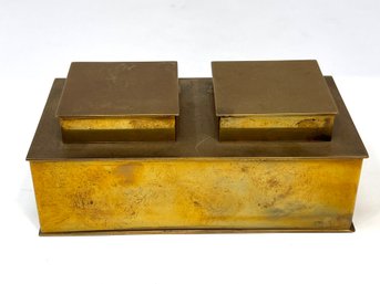 Vintage Brass Double Inkwell Stand With Two Lidded Ink Cups