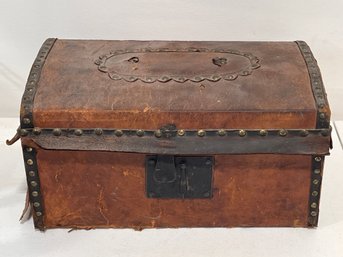 Antique Leather-covered, Dome-top Trunk Or Document Box With Brass Stud Trim And Iron Hardware