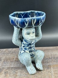 Blue And White Ceramic Monkey Figural Candy Dish