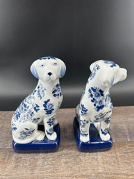 Pair Of Andrea By Sadek Blue And White Ceramic Dog Bookends
