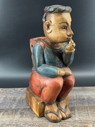 Hand Carved Wooden Seated Figure With Basket