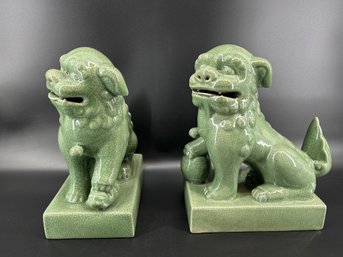Pair Of Ceramic Foo Dog Statues With Crazed Green Glaze