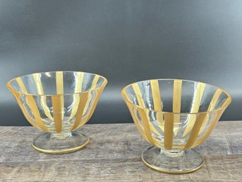 Vintage Glass Footed Sherbet Glasses With Gold Stripes