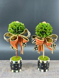 Pair Of Mackenzie Childs Deck The Halls Boxwood Topiaries