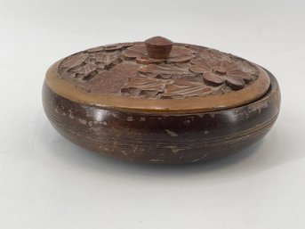 Vintage Carved Wood Round Trinket Box