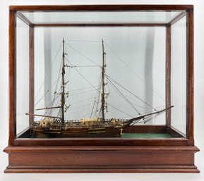 Early Sailor Made Ship Diorama In Beautiful Display With Carved Bone Detail Throughout Cabin