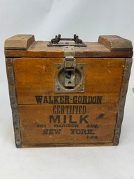 Antique Walker Gordon Wooden Milk Box Madison Ave New York W/ Bottles