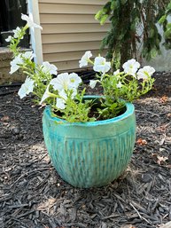 Turquoise Glazed Pottery Planter W/ Flowers