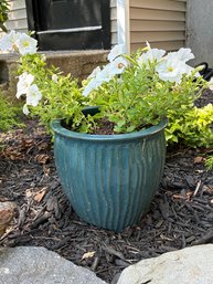Blue Glazed Pottery Planter W/ Flower