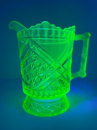 Antique Daisy Button Crossbar Vaseline Glass Uranium Glass Pitcher