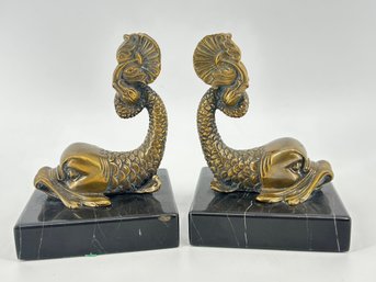 Vintage Marble And Bronze Dolphin Bookends