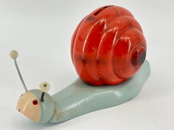 Mid Century Hand Painted Wooden Snail Escargot Bank By Jouet Robdal From France