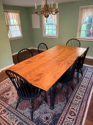 Large, Very Nice Quality, Tiger Maple Top Dining Table With Black Painted Base And Six Chairs
