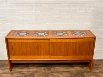 Danish Teak Sliding Door Sideboard By Mobler With Ceramic Tiles Designed By Hermann Poulsen