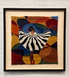 Vintage Framed Fiber Art Dancing Girl With Striped Cape - Large