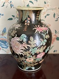 Vintage Black Chinoiserie Vase With Flowers 10 Inch