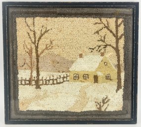 Framed Hooked Rug With Winter Scene Of A Country House