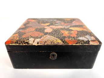 Vintage Oriental Style Butterfly Detailed Lacquered Box Made In Japan