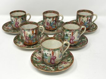 Antique Rose Medallion Set Of Six Porcelain Cup And Saucers