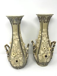 Pair Of Antique Early Mettlach Villeroy & Boch Vases - As Is