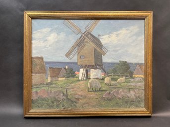Antique Oil On Canvas Landscape Painting Windmill