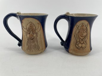 Pair Of Studio Pottery Mugs With Viking Faces