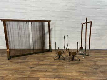Mid Century Copper Fireplace Tool Andiron Screen Set