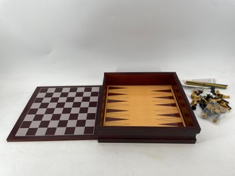 Multi-game Set, Likely Featuring Classic Board Games Like Chess, Checkers, And Backgammon Within A Wooden Case