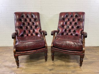Pair Of Classic Deep-Buttoned Red Leather Chesterfield Library Armchairs