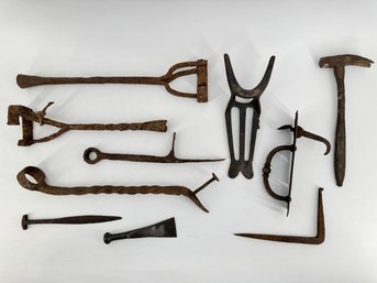 Collection Of Antique Wrought Iron Tools & Hardware