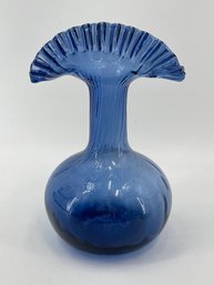Vintage Blue Glass Ruffled Vase