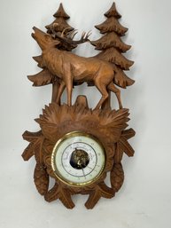 Old German Black Forest Carved Wood Barometer Deer & Pine Trees Scene