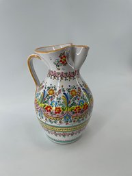 Vintage Spainish Signed Sevilla Cruz Floral Hand Painted Pottery Pitcher