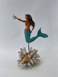 Tin Painted Mermaid Sculpture On Natural White Coral