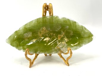 Signed Annie Glass Green & Gold Glass Leaf Trinket Dish