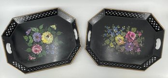Pair Of Large Hand Painted Metal Serving Tray