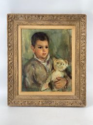 Oil Painting - Portrait Of A Boy With Teddy Bear Signed Robertson
