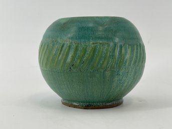 Signed Preston, CT Handmade Ceramic Carved Green Vase