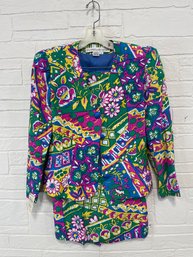 80s Green Floral Batik Silk Suit For Neiman Marcus Size 4