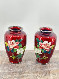 Pair Of Vintage Japanese Cloisonne Pigeon Red Vase Flowers
