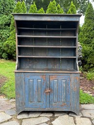 Antique Primitive Step-back Cupboard In A Distressed Blue Paint Finish