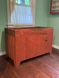 Primitive Wooden Dry Sink With Worn Red Surface