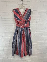 Vintage Red White Blue Striped Faux Wrap Sleeveless Dress